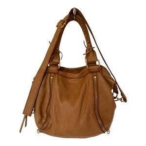 Linea Pelle Camel Brass Studded Shoulder Bag Butter Soft Leather Braided Handles